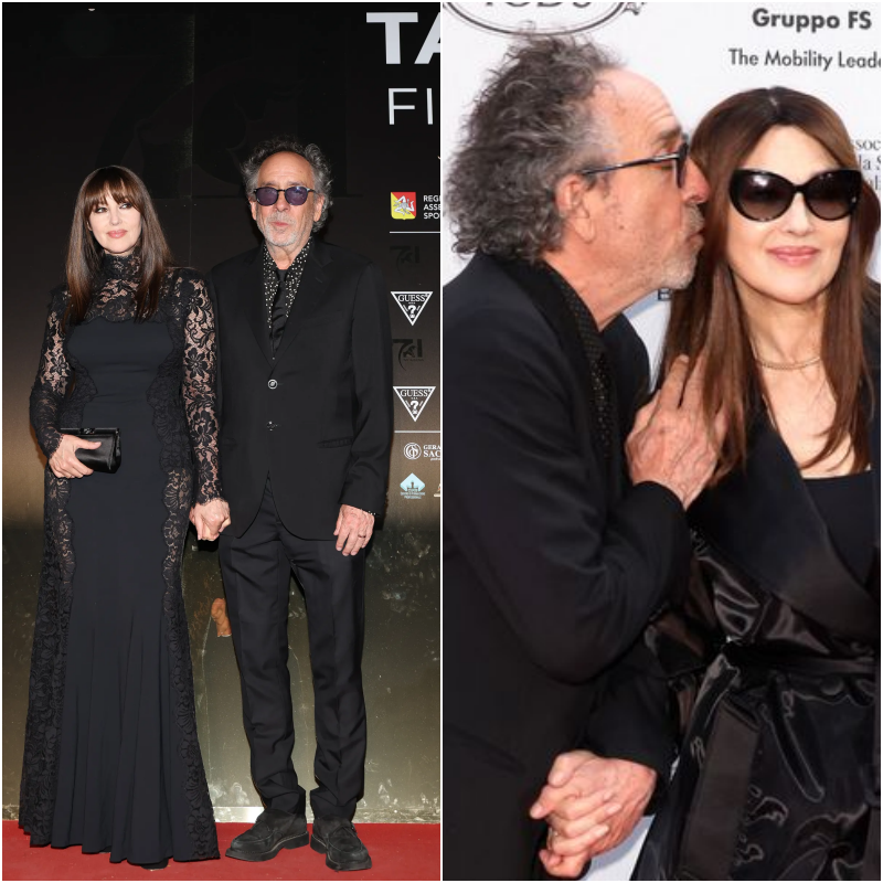 Monica Bellucci e Tim Burton: lei rompe il look coordinato con lui con una tuta rosso fuoco “all’uncinetto